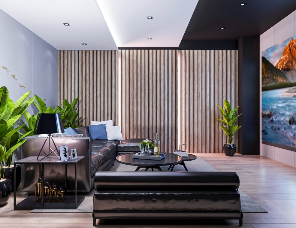 Акустическая панель, черный войлок, 2750х600х19мм, рейки МДФ ясень Тирамису