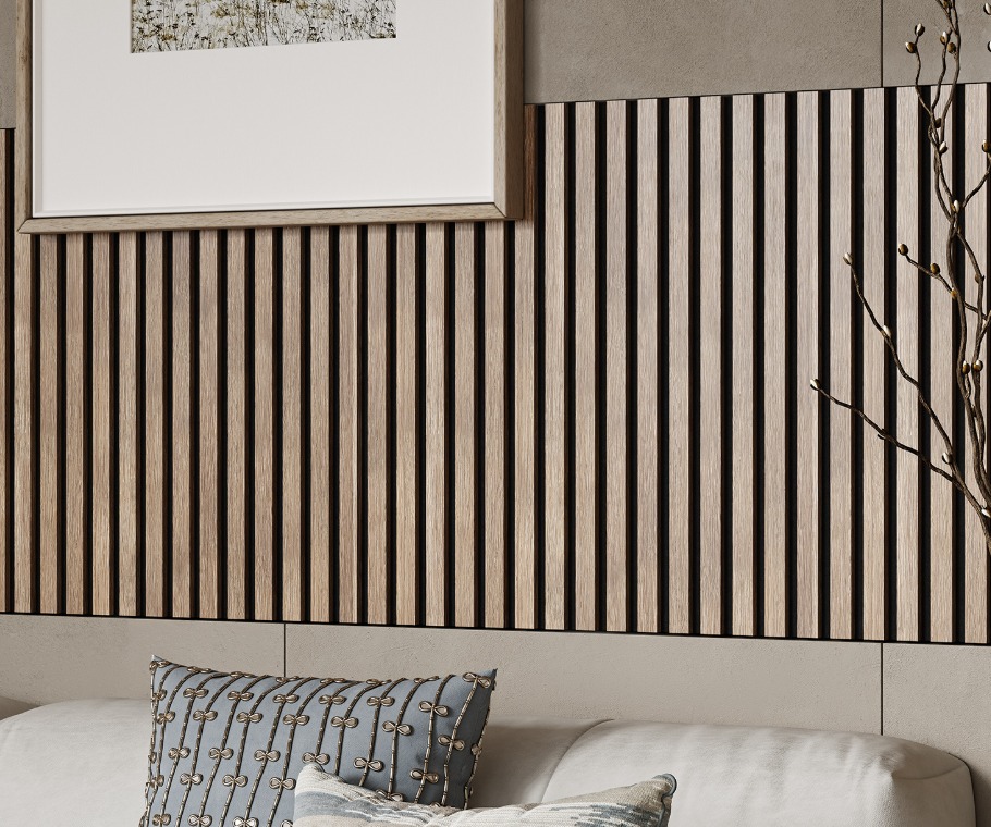 Акустическая панель, черный войлок, 2750х600х19мм, рейки МДФ ясень Тирамису